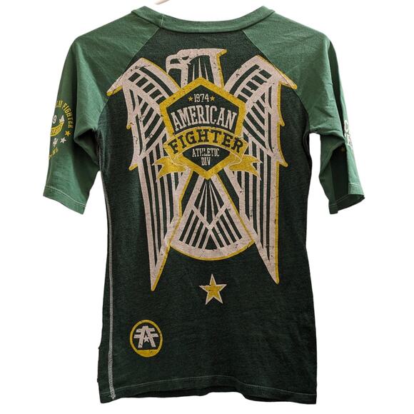 Vintage Women's AMERICAN FIGHTER by Affliction T-shirt Green Eagle Patches S - Picture 2 of 6